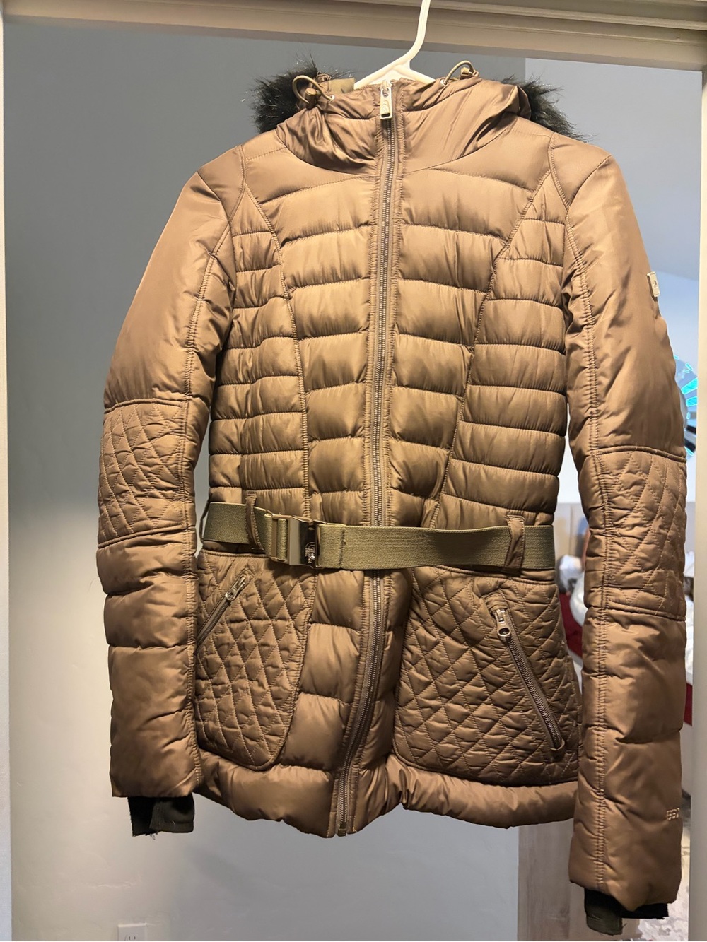 The North Face Women's Quilted Taupe Puff Jacket with Belt